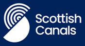 Logo for Scottish Canals. White and blue; shows a stylized white half-circle with concentric circles against a navy blue background. Text