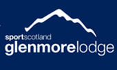 Logo for sportscotland Glenmore Lodge with a white mountain outline above the name in white text on a dark blue background.