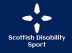 Logo of Scottish Disability Sport on a blue background. Features a white four-pointed star symbol above the organization’s name.