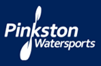 Logo for Pinkston Watersports: White text on a blue background with a stylized leaf shape.