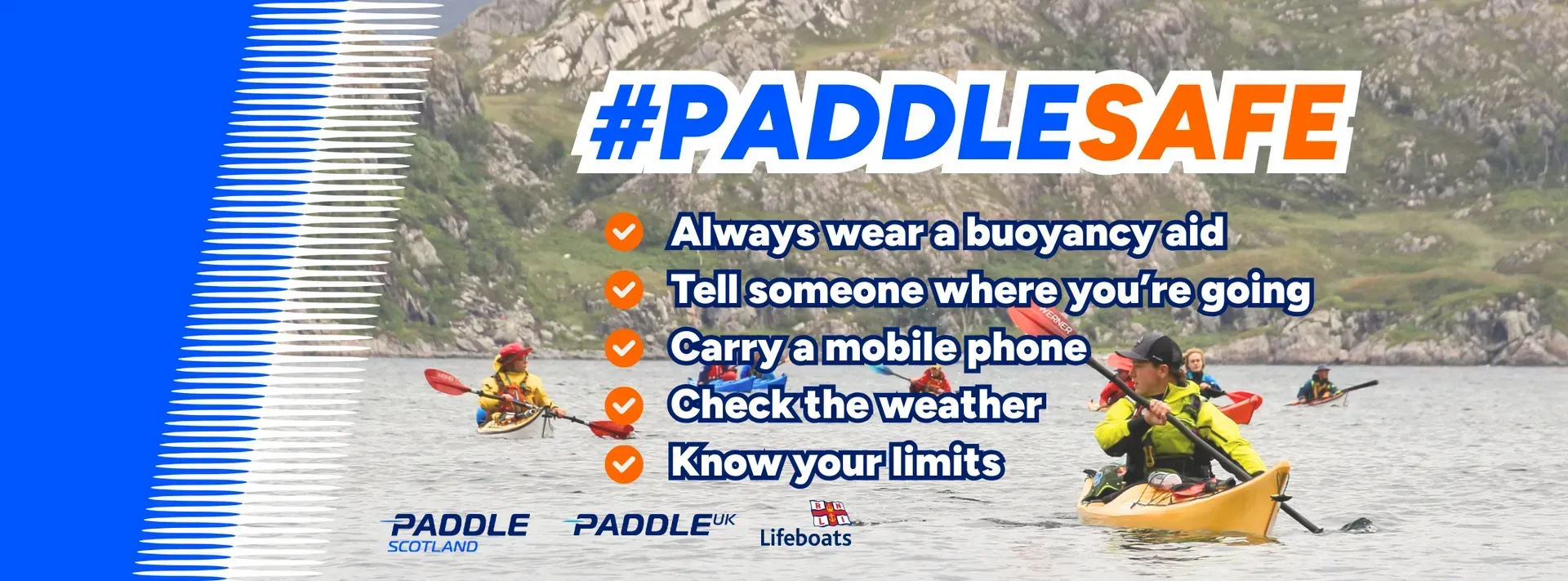 A blue and white safety graphic with kayaking tips: wear a buoyancy aid, tell someone your plans, carry a phone, check the weather, and know your limits.