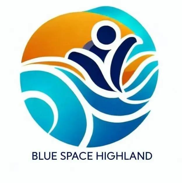 Logo: A person swimming in water within a blue and orange circle; text