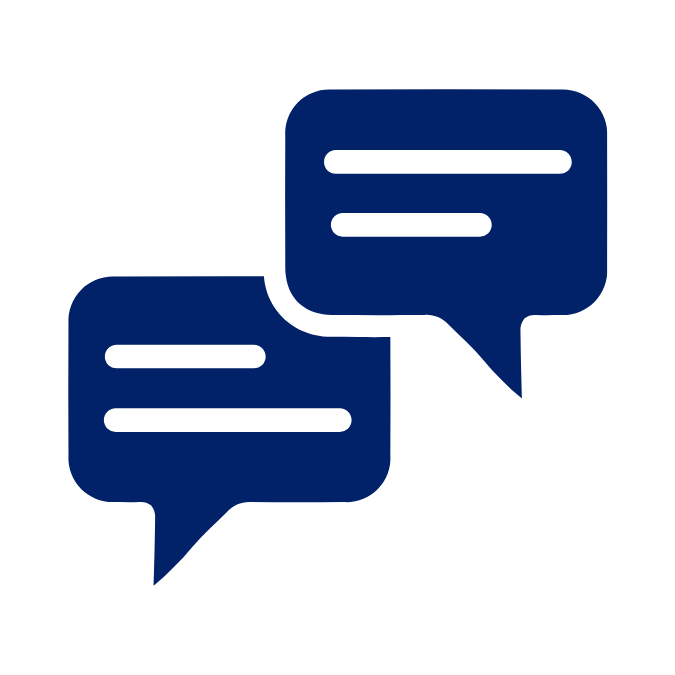 Two blue speech bubbles overlapping, indicating conversation.