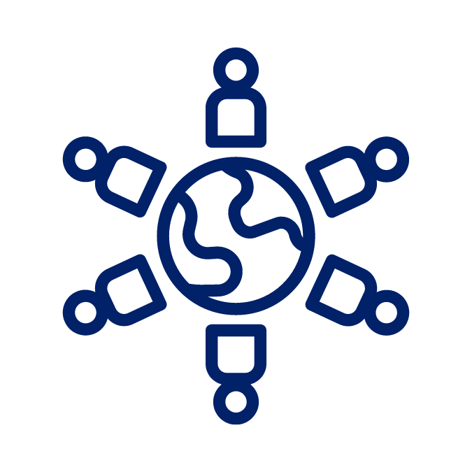 Blue icon: Six people around a globe, symbolizing global collaboration or teamwork.