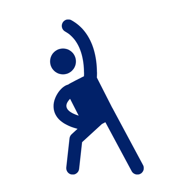 Blue stick figure stretching, with one arm reaching overhead and other hand on hip.