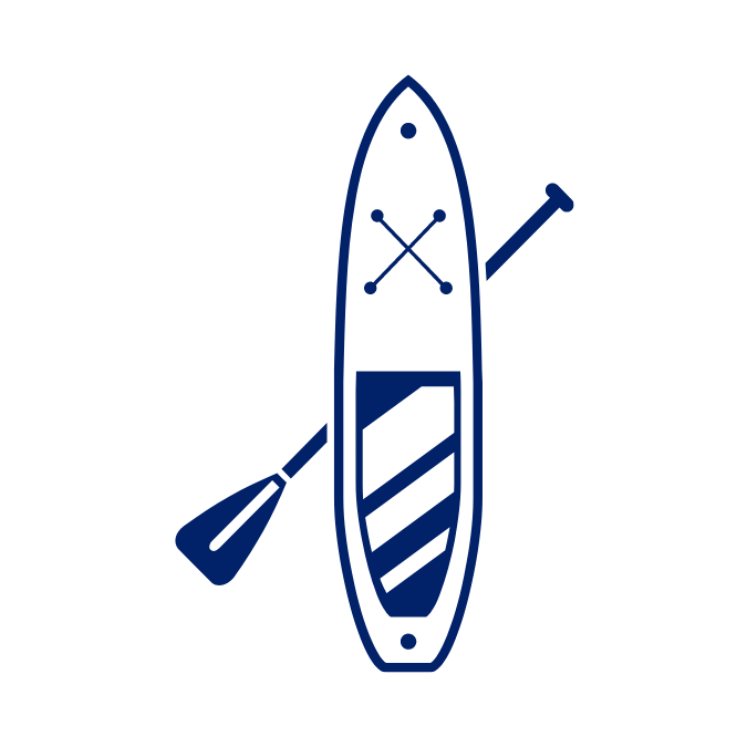 Blue stand-up paddleboard with paddle laid across it, on a white background.