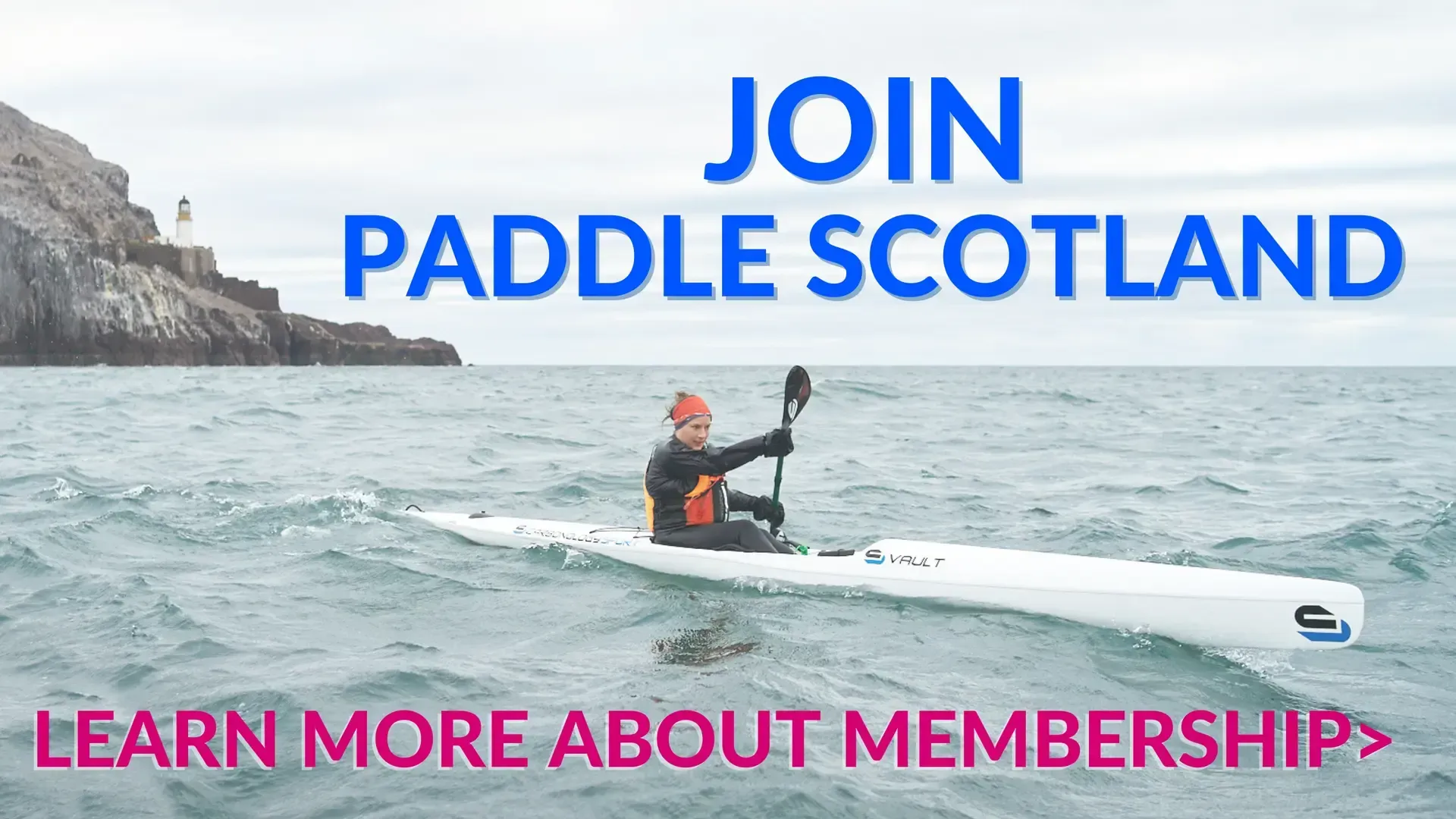 A person paddles a kayak in choppy ocean water near a rocky coastline. Text reads
