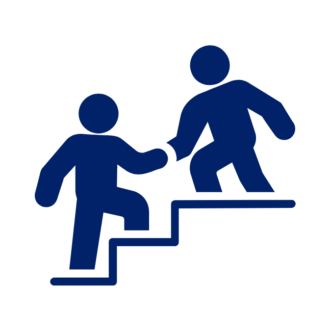 Two blue figures helping each other up a staircase; one figure extends a hand to the other.