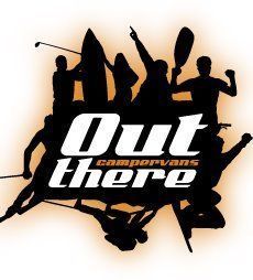 Logo for Out There campervans: silhouettes of people engaged in various outdoor activities, with white text reading