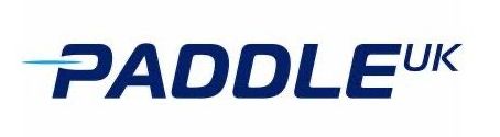 Logo of Paddle UK in dark blue text with light blue horizontal lines and