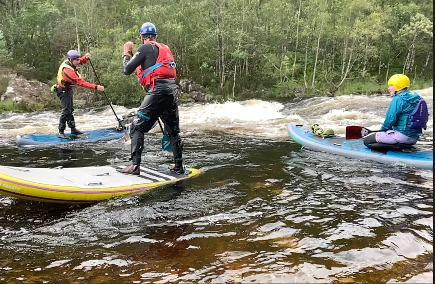 Three people stand on paddleboards in a river, navigating the current. They wear safety gear, and the setting is a wooded area.