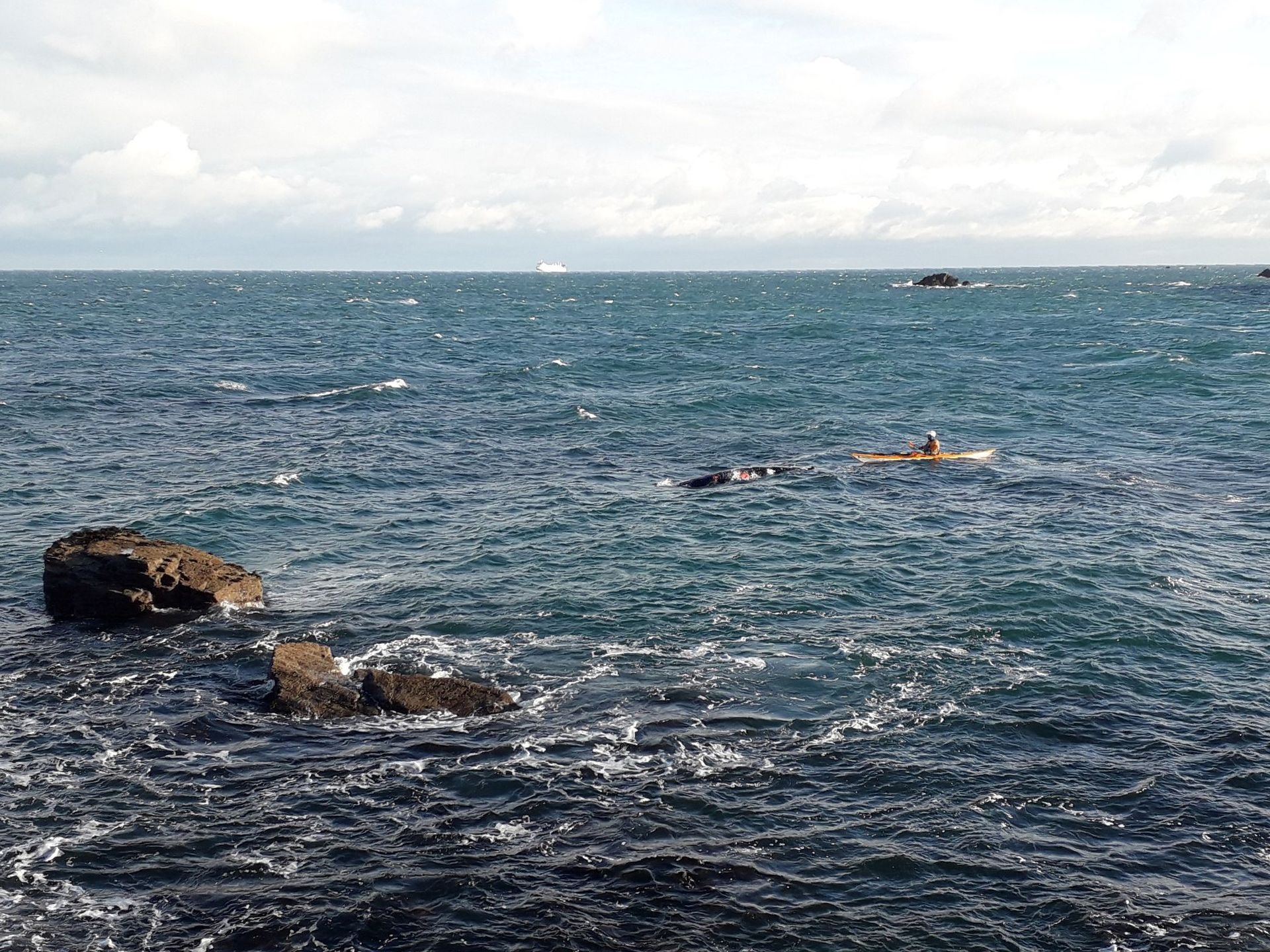 Dark blue ocean with rocks in the foreground and a kayaker in the distance under a cloudy sky.