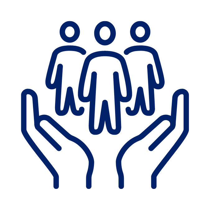 Hands cupping three figures, representing support and care, in a blue line drawing.