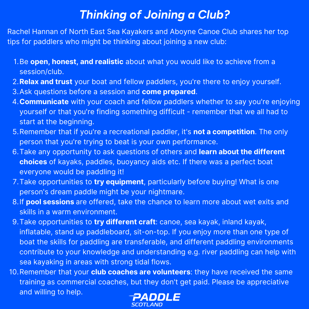Text listing tips for people considering joining a kayak club, including advice on goals, communication, and trying out equipment.