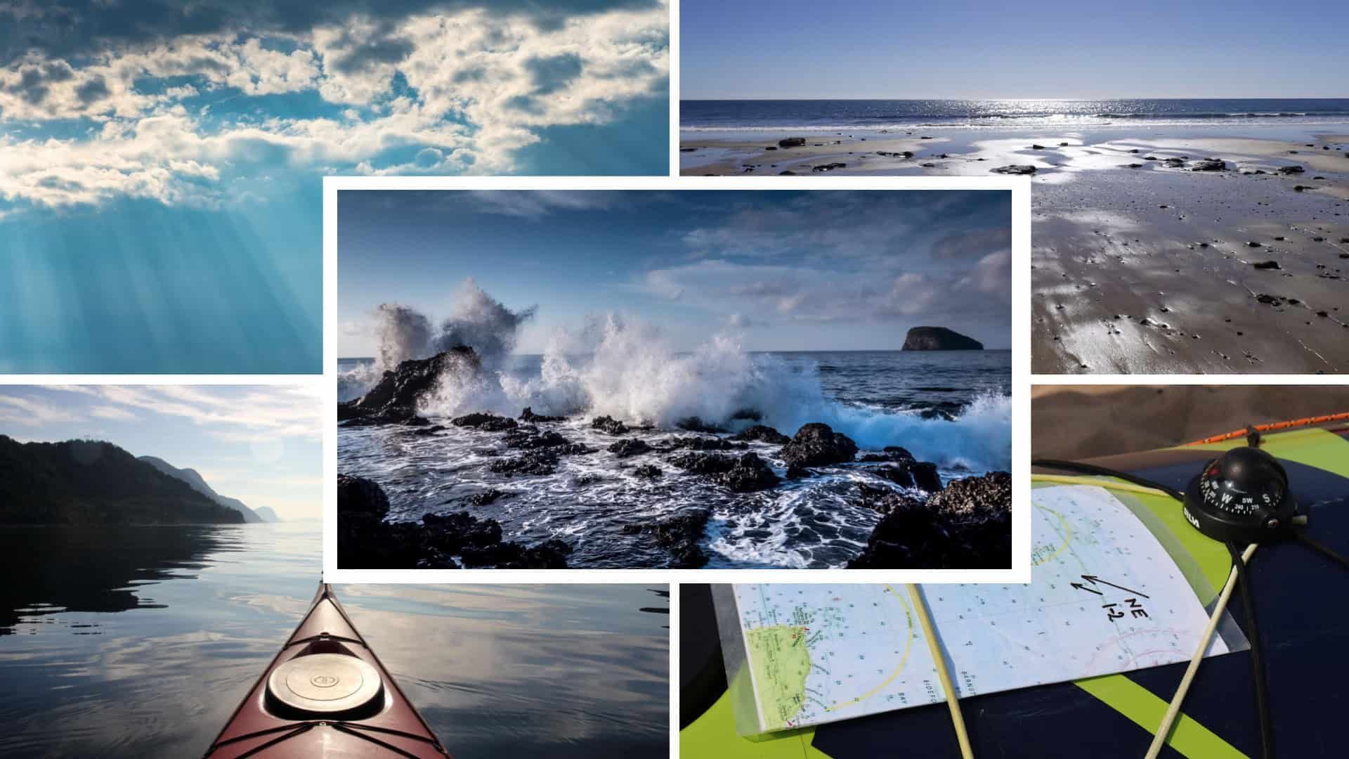 Collage of ocean scenes: clouds, waves crashing on rocks, calm kayak scene, ocean shore, and map with a compass.