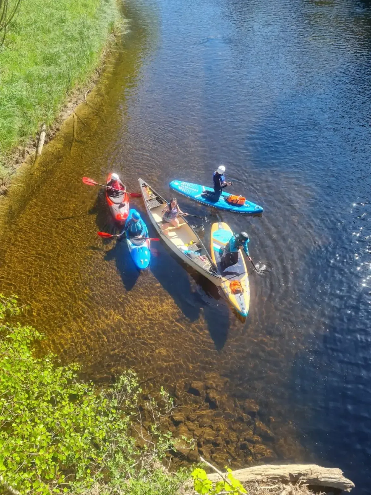 Kayakers and paddleboarders on a sunlit river, viewed from above. Clear water reflects the sky; green foliage lines the banks.