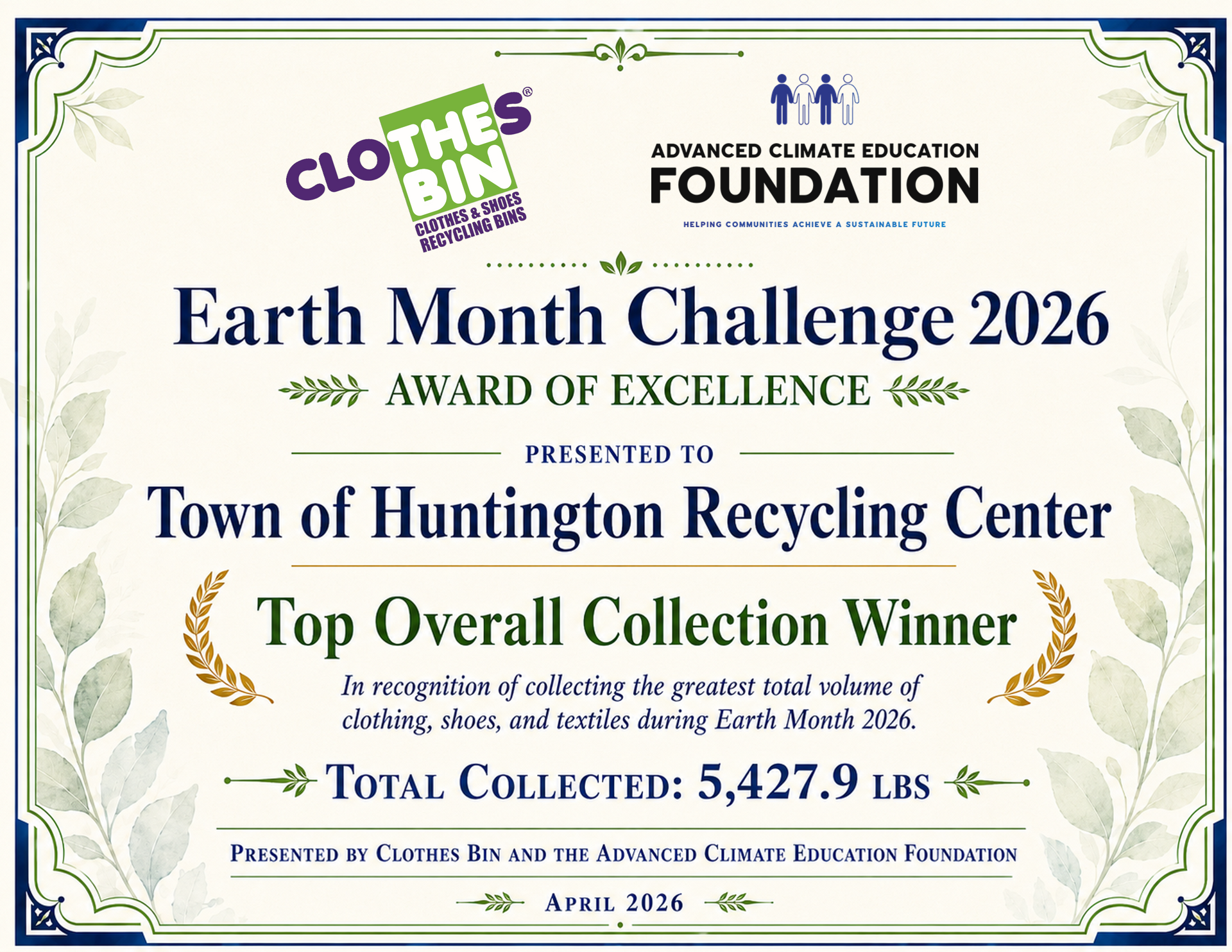 Earth Month Challenge 2026 award certificate for Town of Huntington Recycling Center, total collected 5,427.9 lbs.