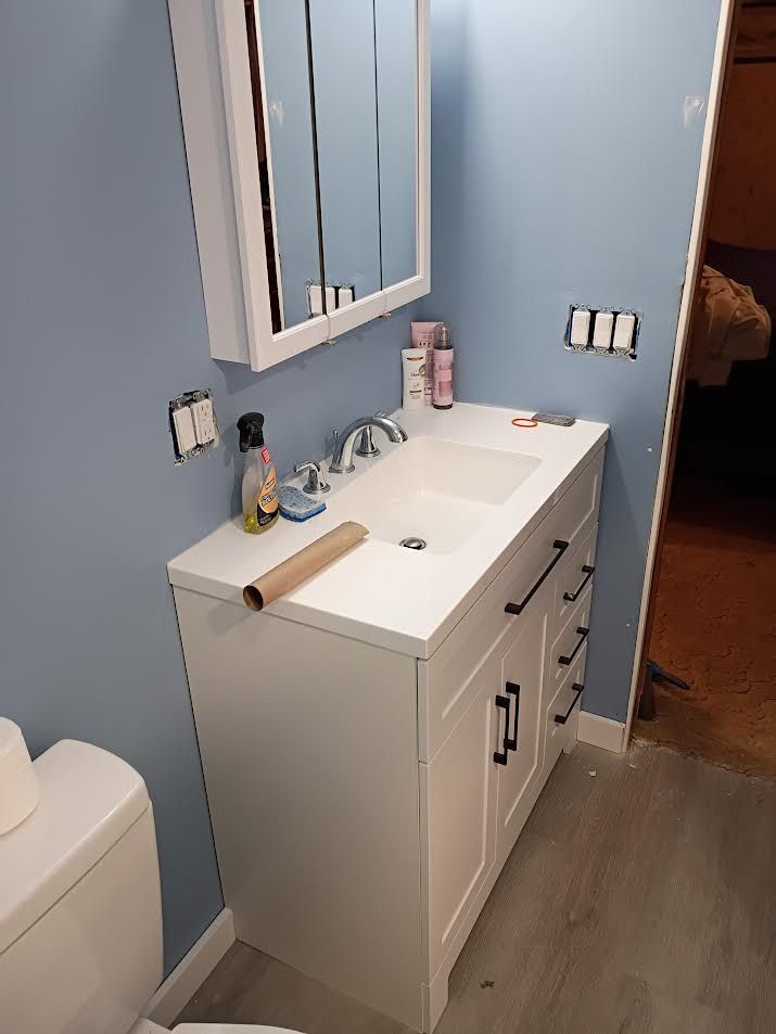 Small bathroom vanity with white sink, mirror, blue walls, and a toilet partially visible on the left.