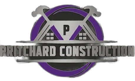 Prichard Construction logo with crossed tools over a purple circle and gray text