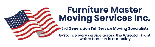Logo for Furniture Master Moving Services Inc. with American flag and text.