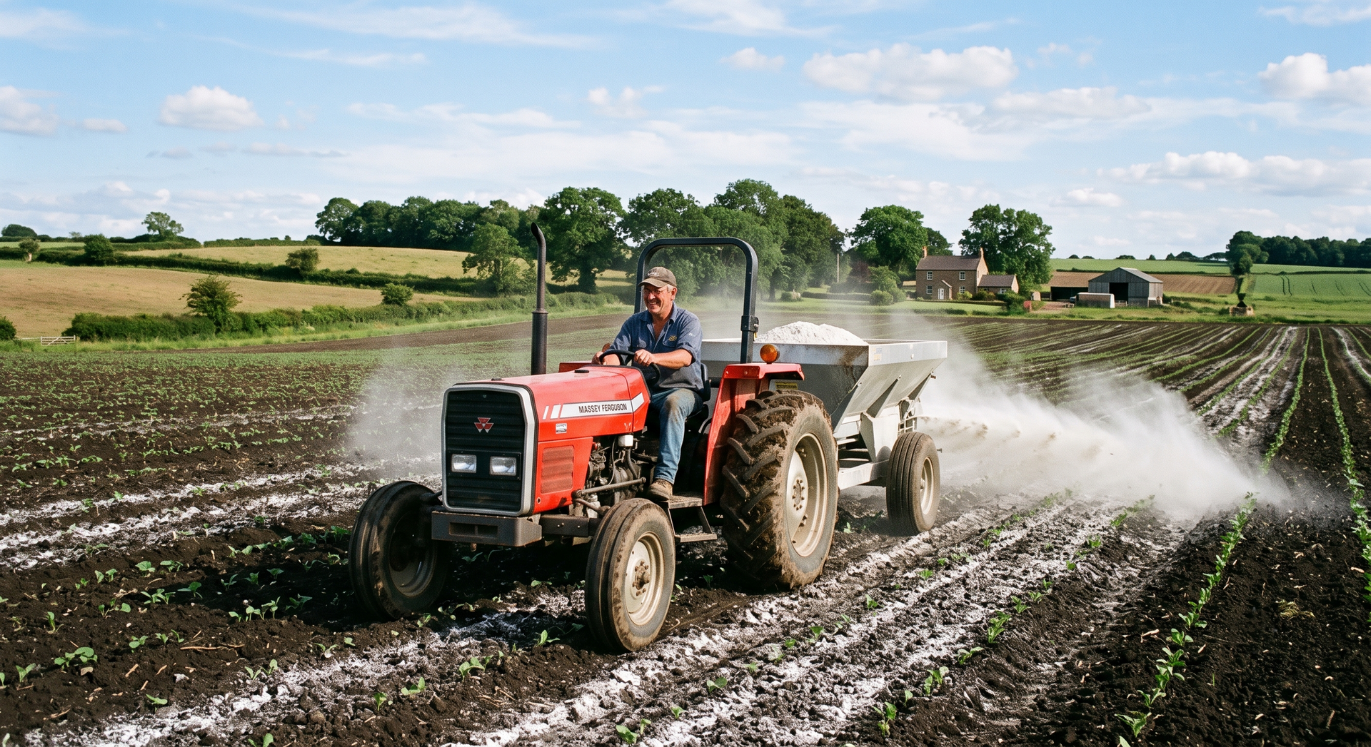 Red tractor spraying water in a muddy farm field with rows of crops and a rural landscape in the background