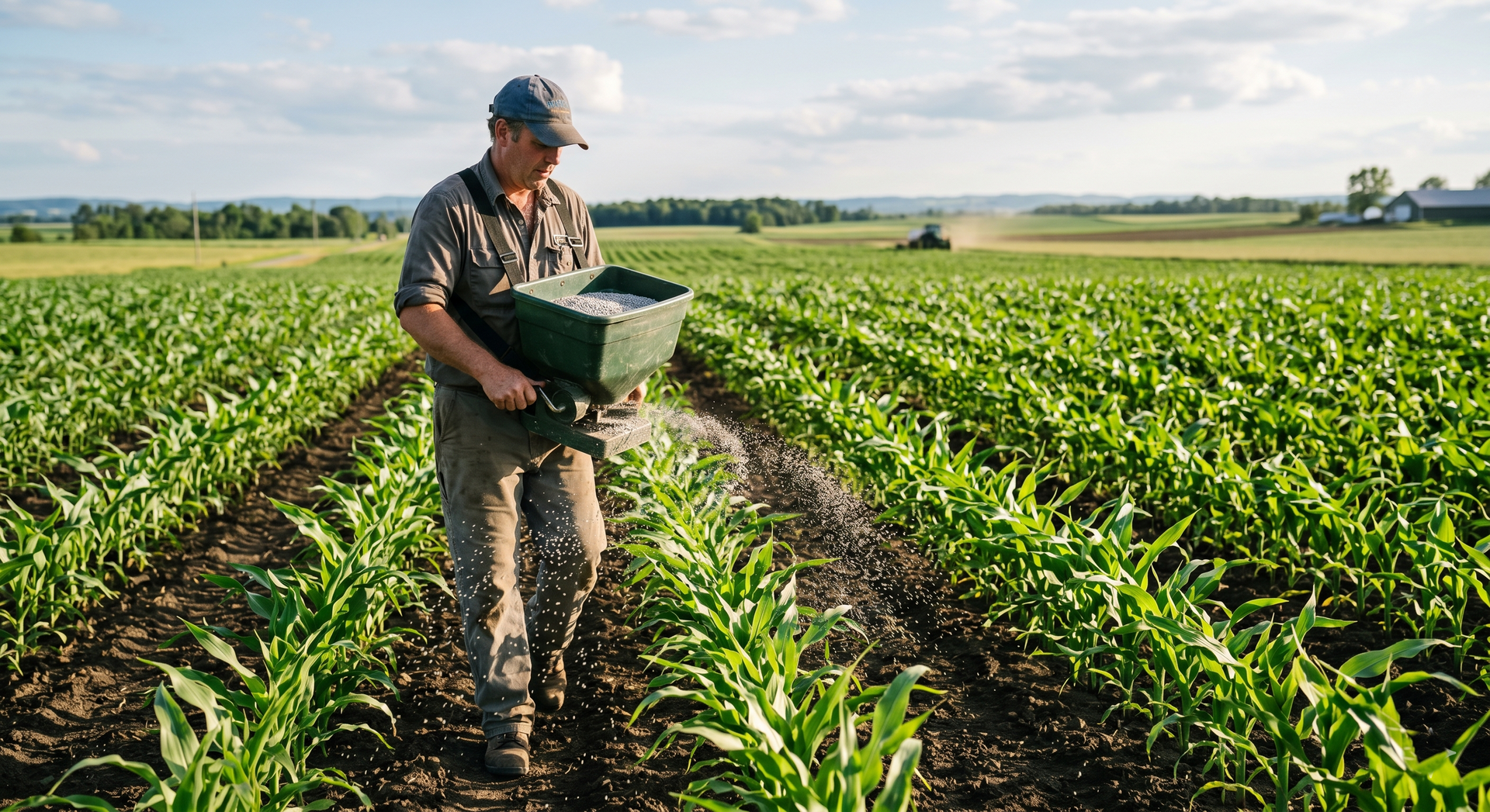 Farmer walking through green crop rows while checking plants in a field