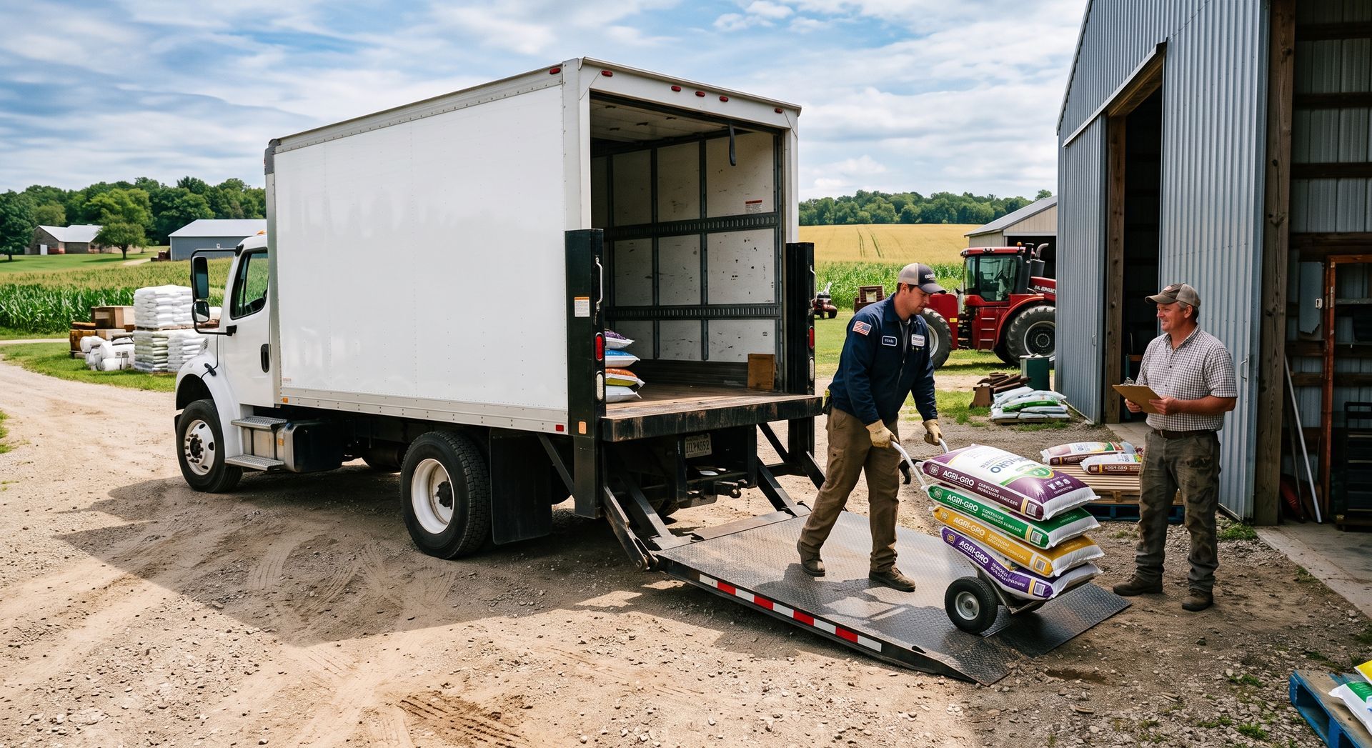 Workers unloading stacked goods from a box truck beside a barn in a muddy rural yard