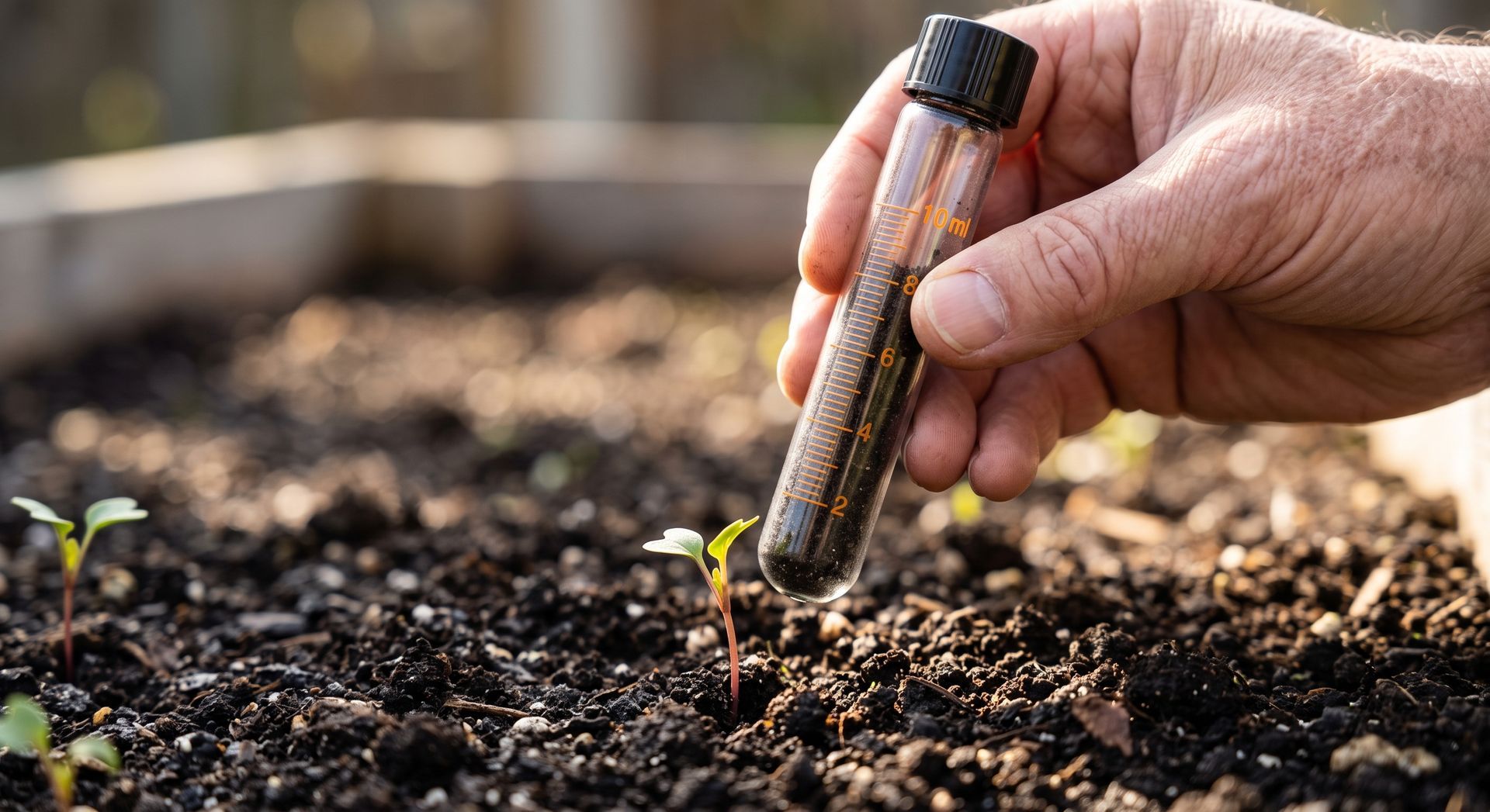 Hand placing a soil moisture tester into garden soil near a small seedling