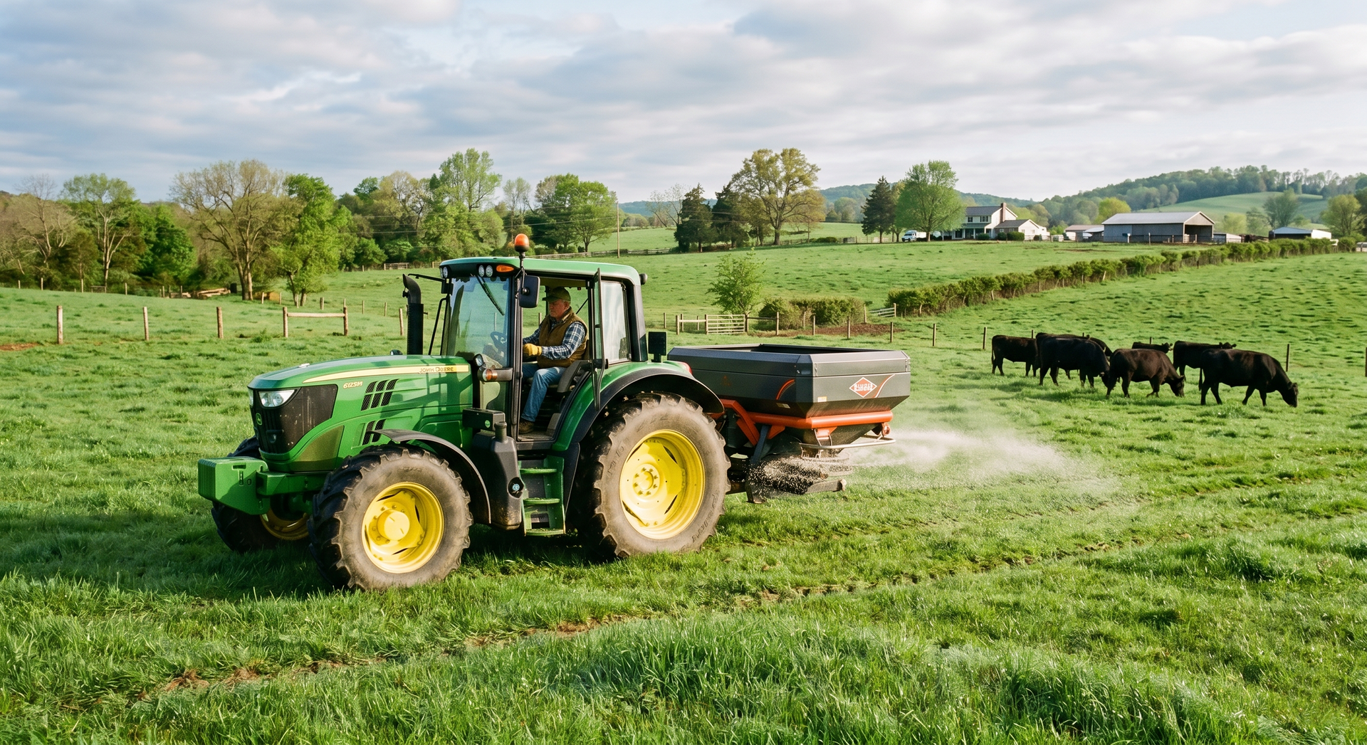 Green tractor spreading manure in a grassy field, with cows grazing nearby.