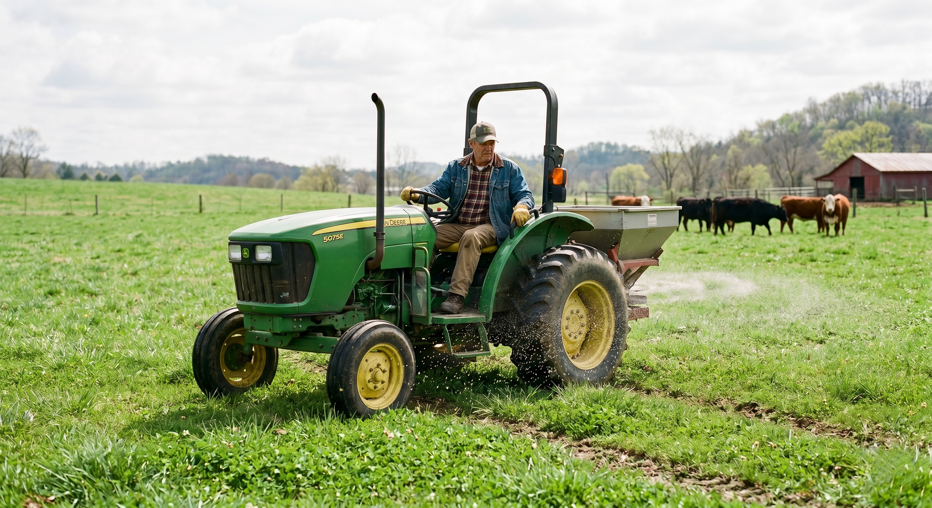 Green tractor driving across a grassy field with a person at the wheel, farm buildings in the background
