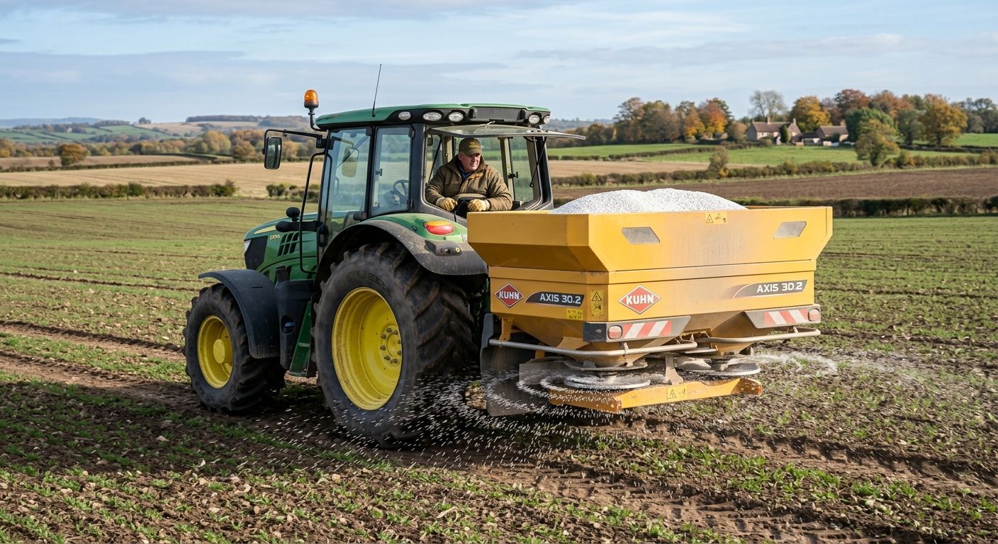 Green tractor spreading fertilizer in a field with a yellow hopper attachment