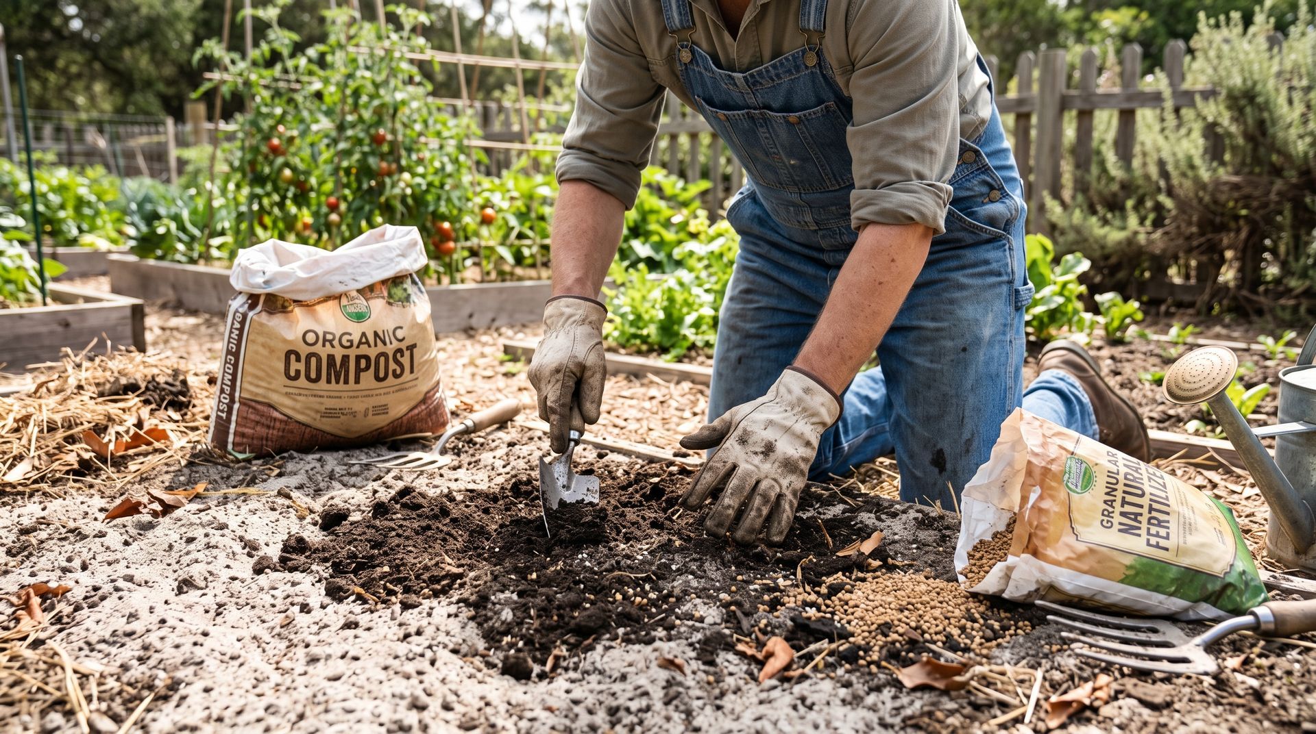 Person mixing soil and compost in a garden bed beside compost bags and tools
