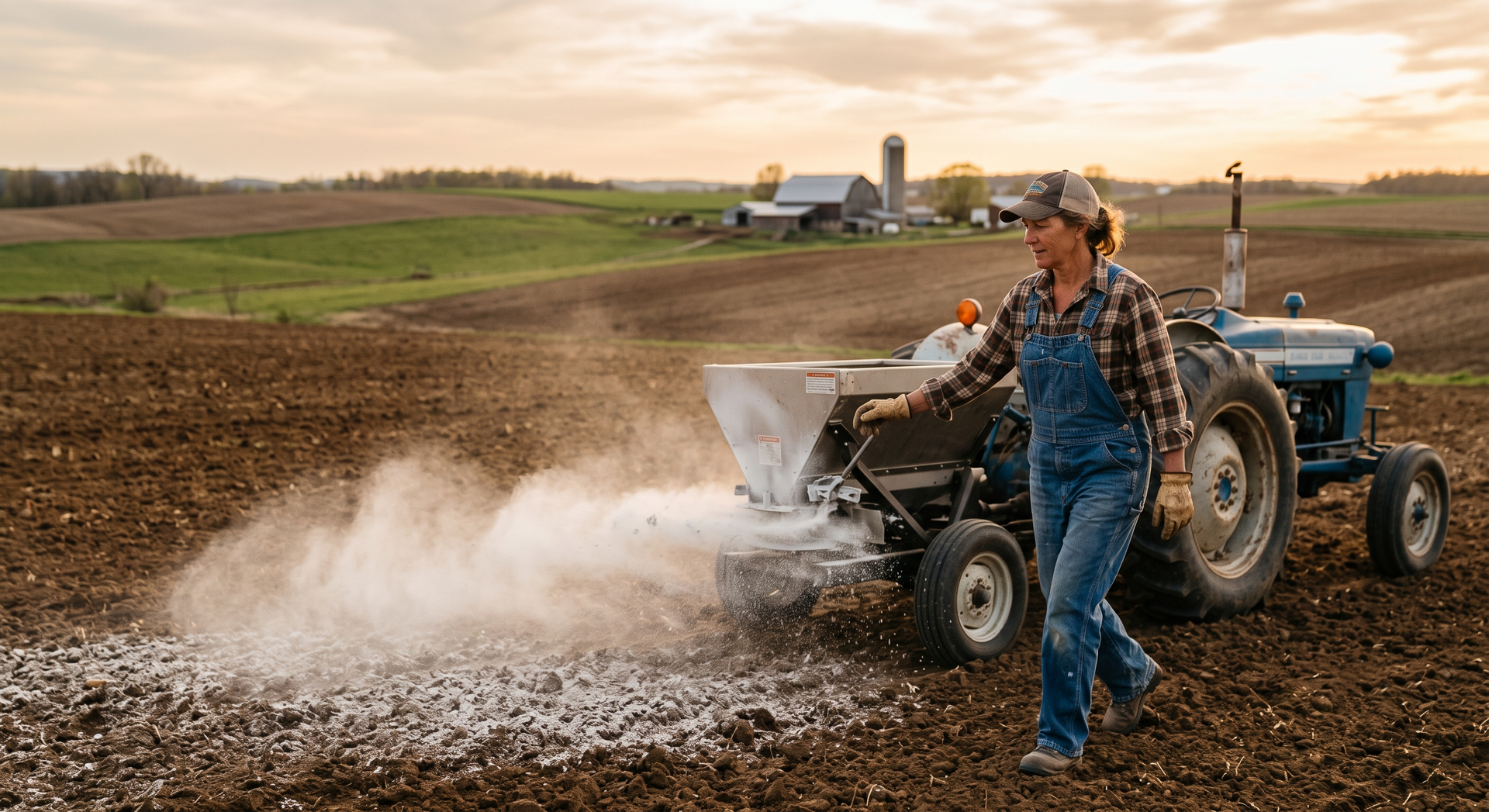 Farmer spreading fertilizer from a tractor in a rural field at sunset