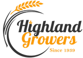 Highland Growers logo: black and orange wheat ear inside a circle, text 