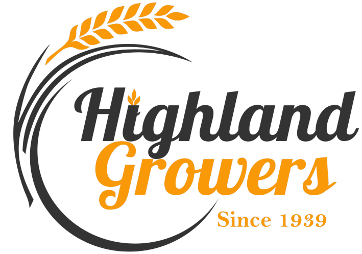 Highland Growers logo: black and orange wheat ear inside a circle, text 