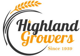 Highland Growers logo: black and orange wheat ear inside a circle, text 
