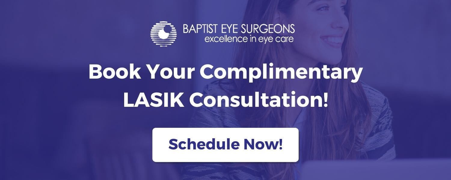A woman is smiling in a blue background with the words `` book your complimentary lasik consultation schedule now ''.