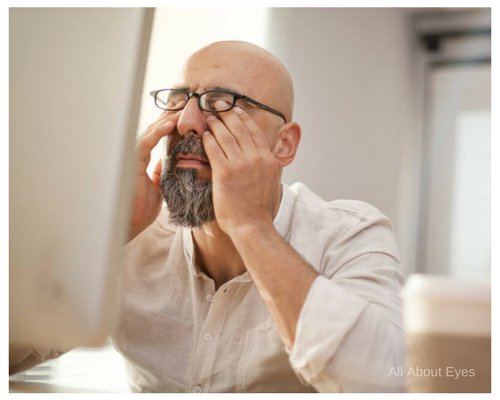 A man with glasses is rubbing his eyes in front of a computer screen.