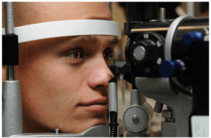 A man is getting his eyes examined by an ophthalmologist