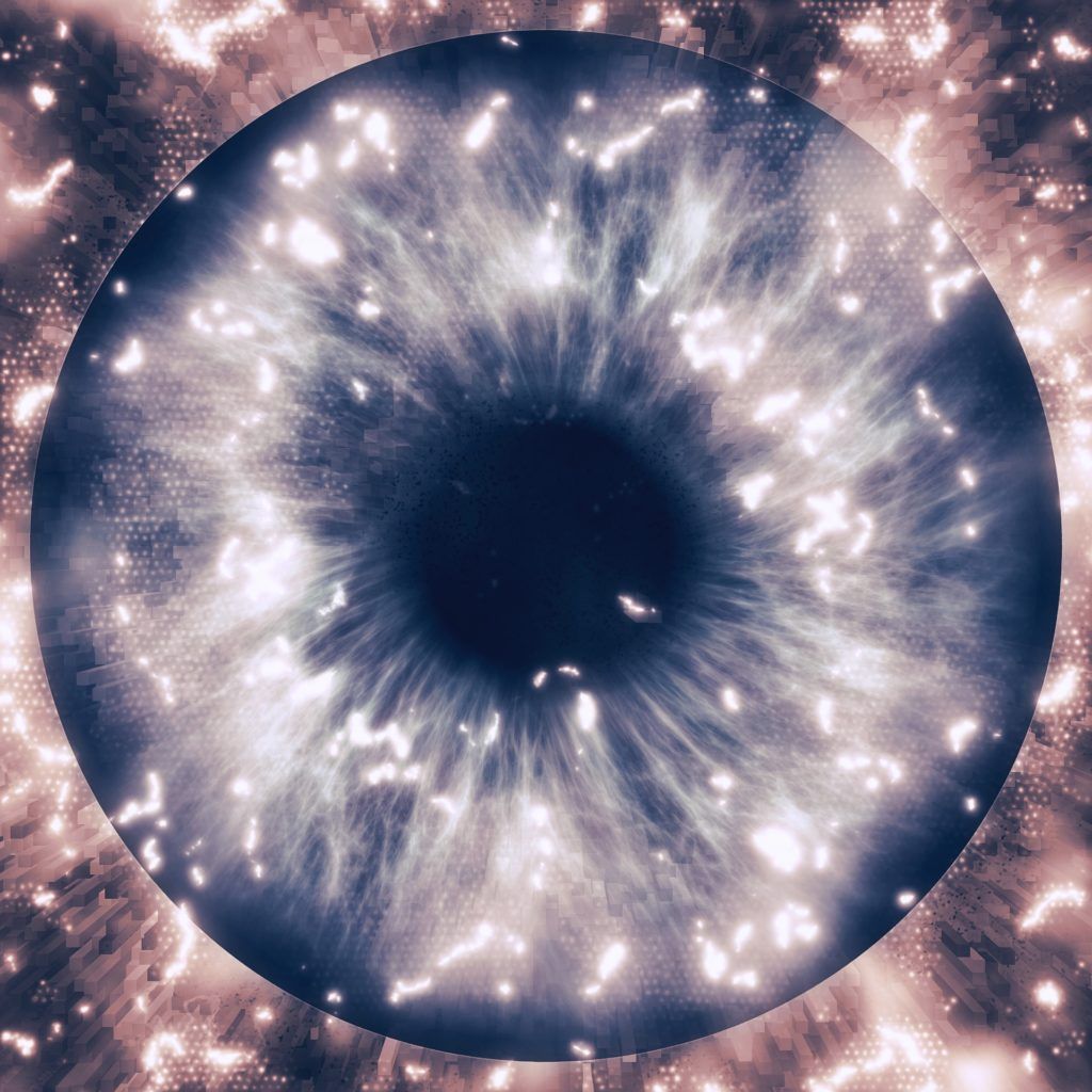 A close up of a person 's eye with a purple background