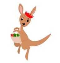 Cartoon kangaroo wearing a crown, holding presents in pouch.