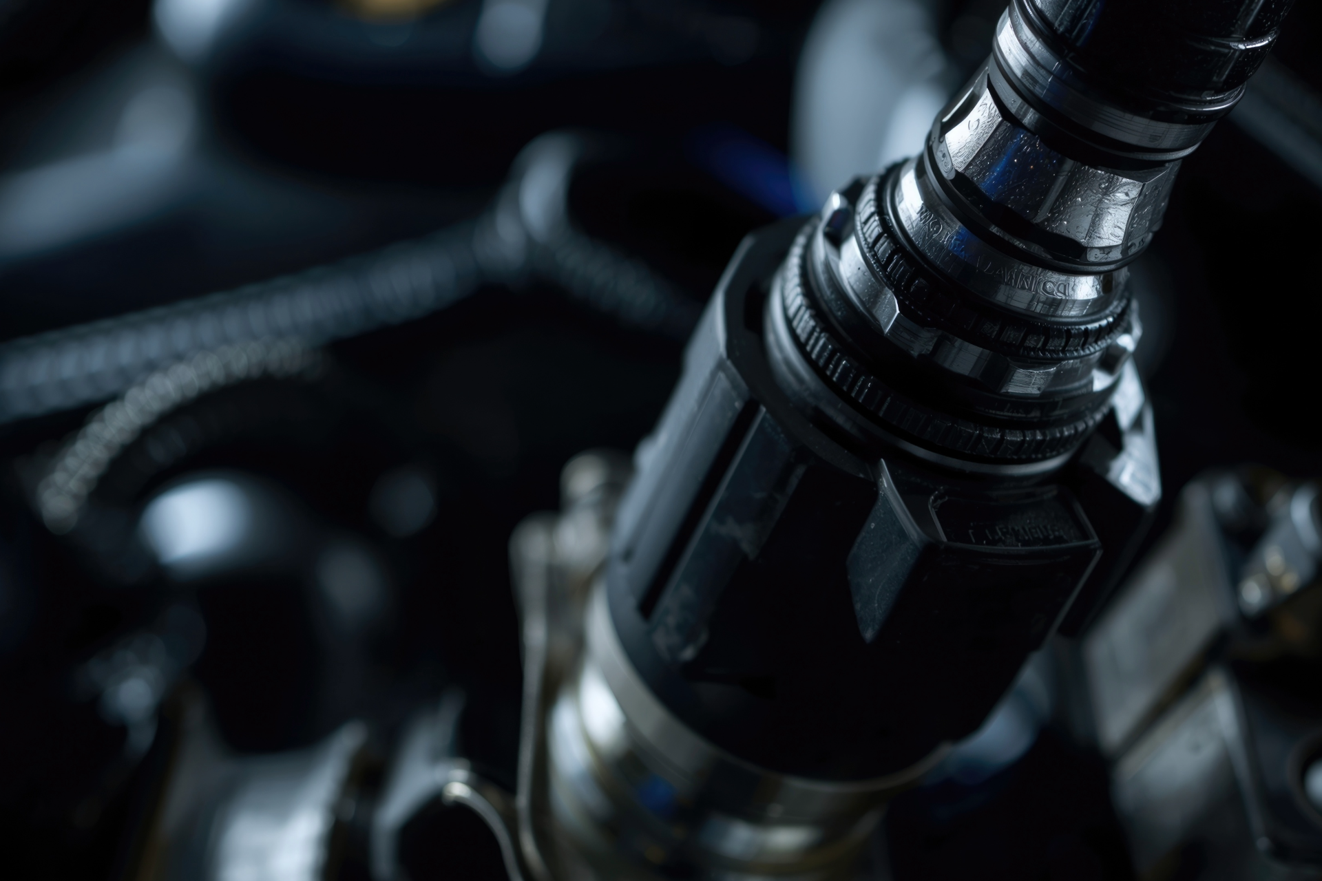 Close-up of a black mechanical connector and cables in a dark industrial setting