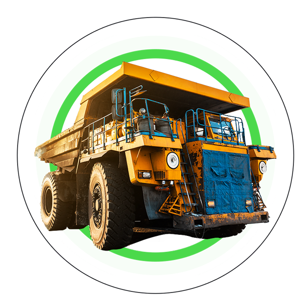 Large yellow mining dump truck with blue front, isolated on white with green ring background