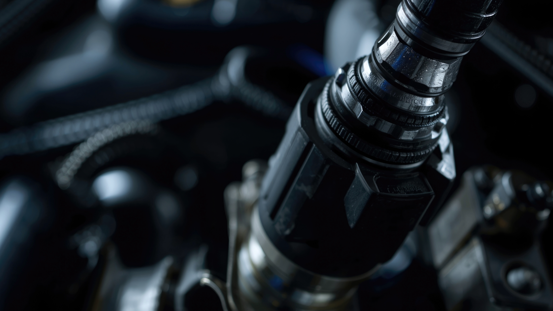 Close-up of a dark metallic mechanical component with hoses and fittings in a dim industrial setting