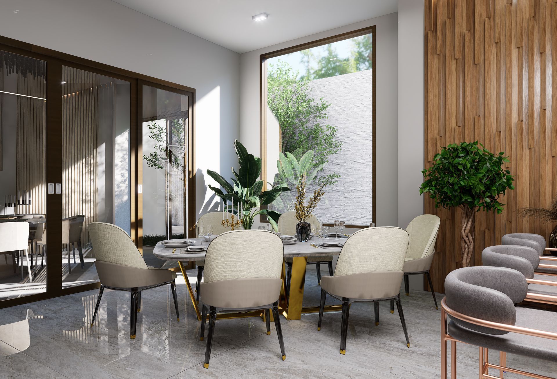 Modern dining room with glass table, beige chairs, wood accents, and large windows overlooking greenery