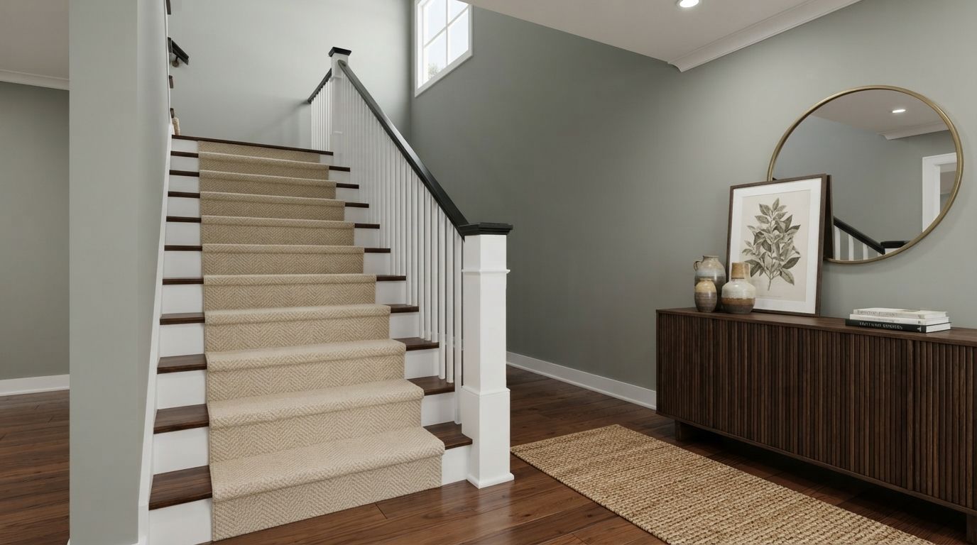 Staircase with beige runner beside a dark wood console table in a modern entryway.