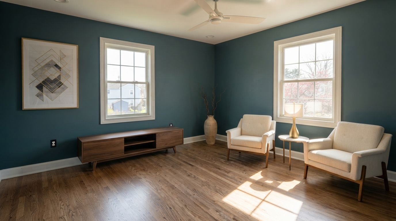Bright living room with teal walls, wood floor, two windows, white chairs, and a low wooden console