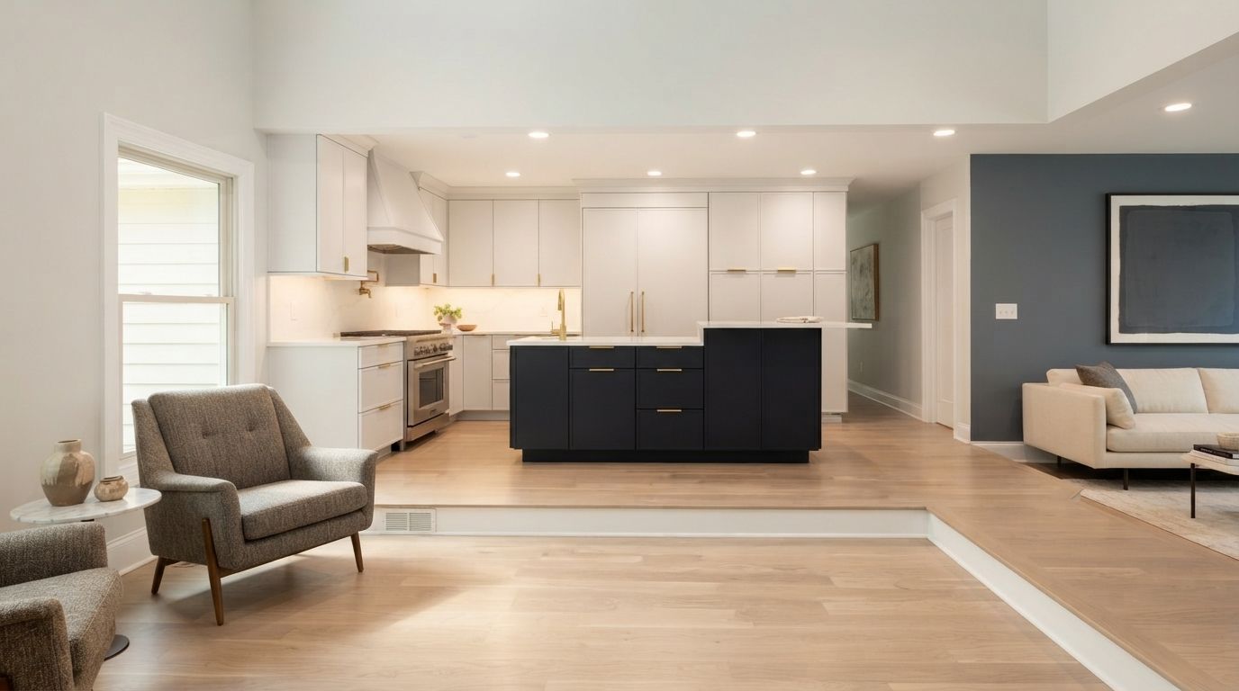 Modern open-plan living room and kitchen with navy island, white cabinets, and gray and beige seating.