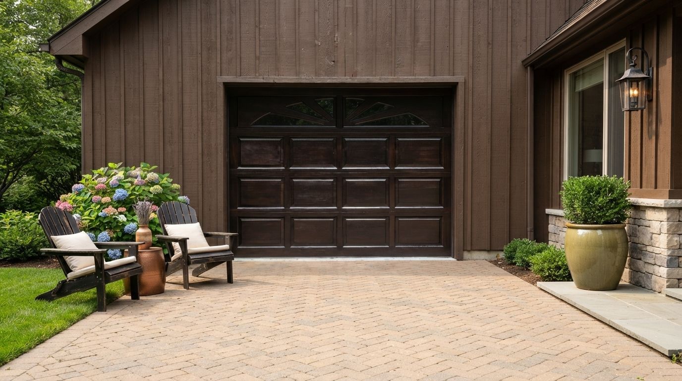 Courtyard with brown barn doors, benches, and potted flowers on a brick patio.