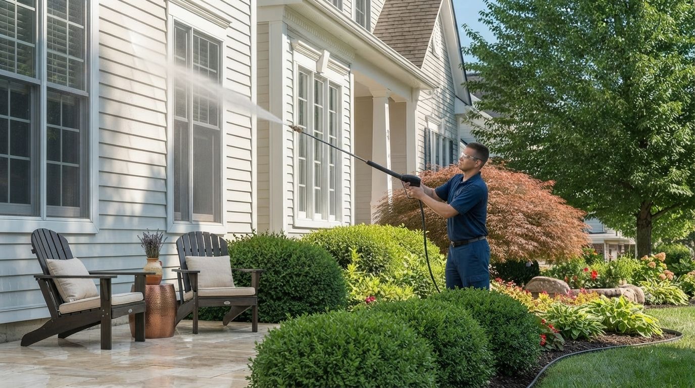 Worker using a long pole to clean windows on a suburban home beside a landscaped garden